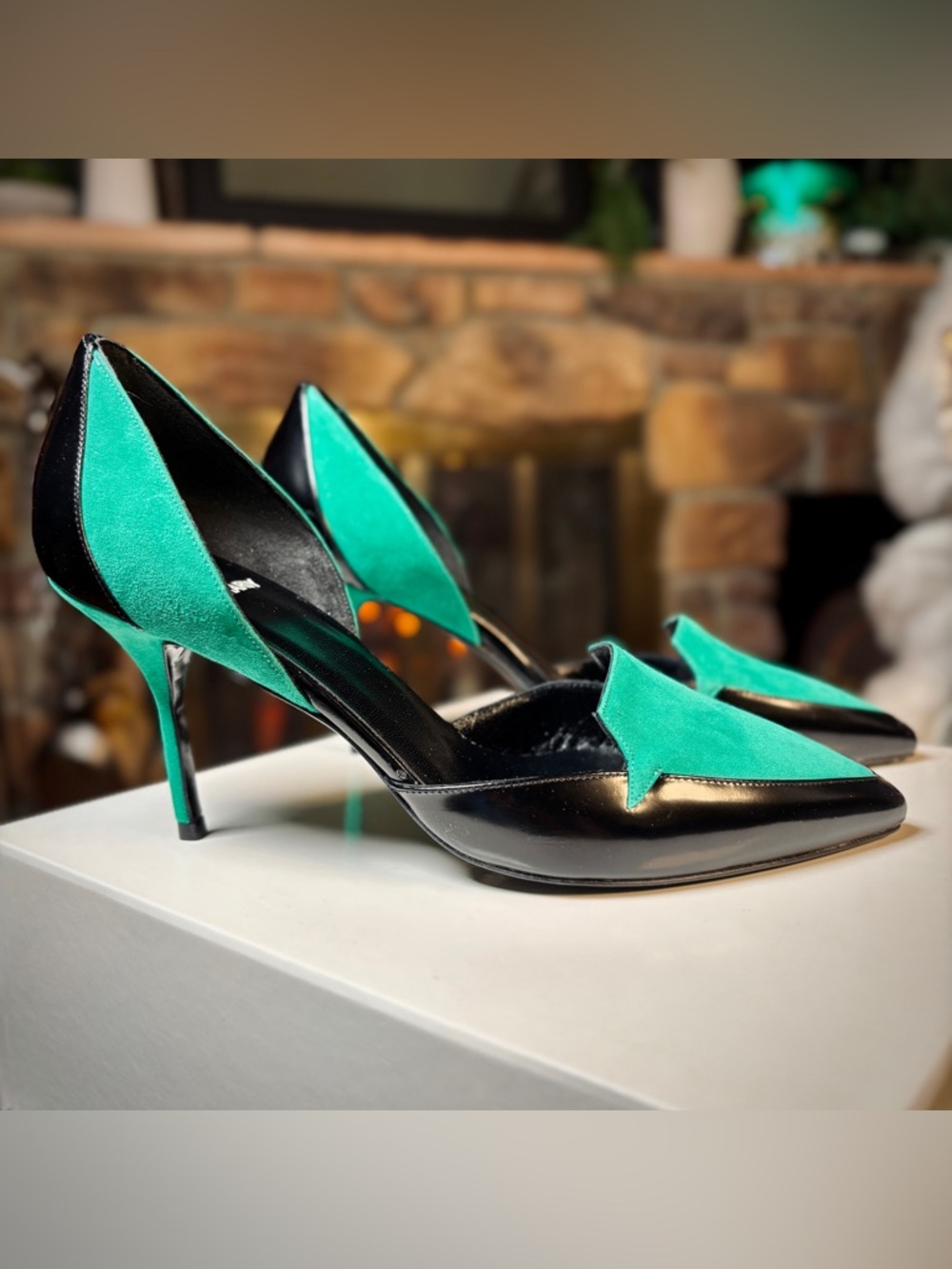 Pierre Hardy Black Patent Leather & Green Suede Pointed Toe 60mm Pump, Sz 36.5/6